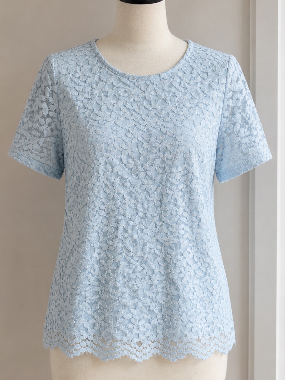Light Blue Floral Lace Short Sleeve Tee - Women's